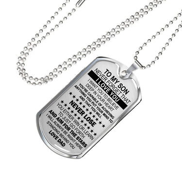 Dog tag Necklace For Son From Dad, Inspirational sayings: aim for the stars